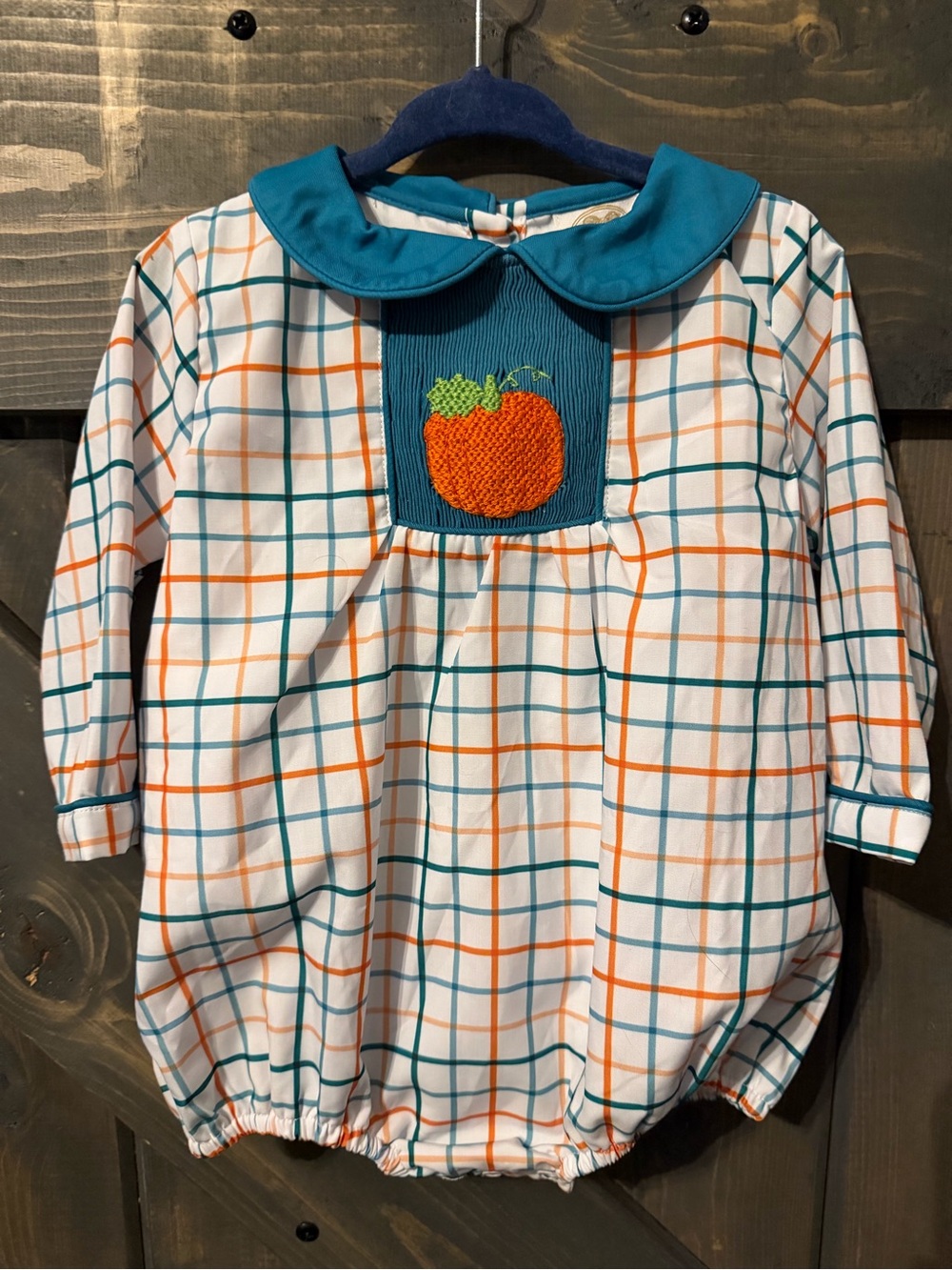 Teal Collar Pumpkin Smocked Plaid One-Piece for Kids NWT